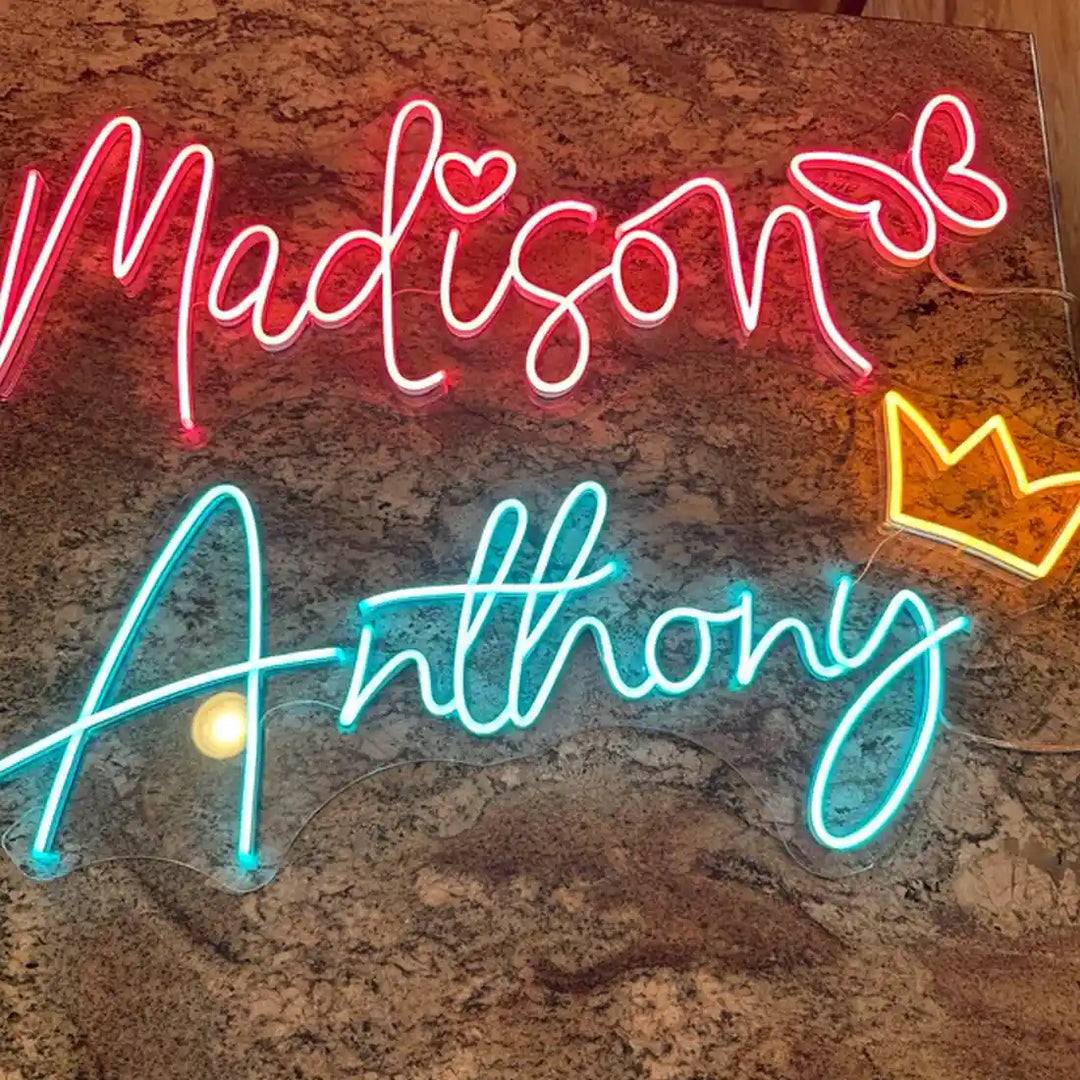 Madison and Anthony Name Neon Sign, adding a touch of personal style to your space - from manhattonneons.com.