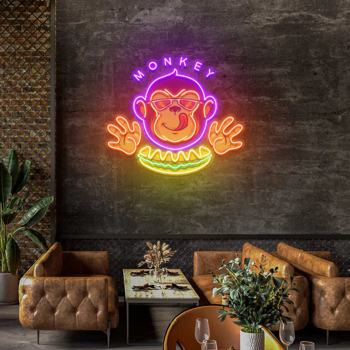 Monkey Logo Hotdog UV Art LED Neon Sign in purpl and yellow colour by manhattanneons.com