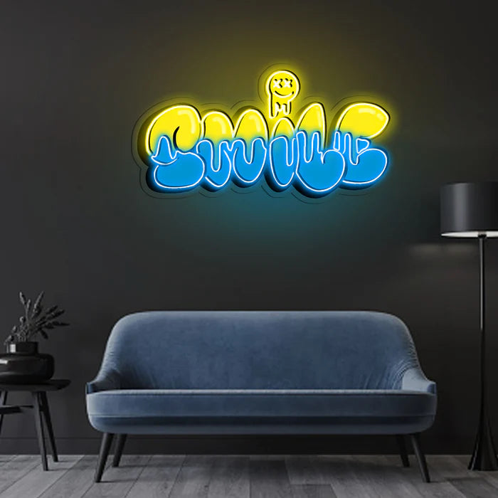 Smile Grafity UV Art LED Neon Sign in blue and yellow colour by manhattanneons.com