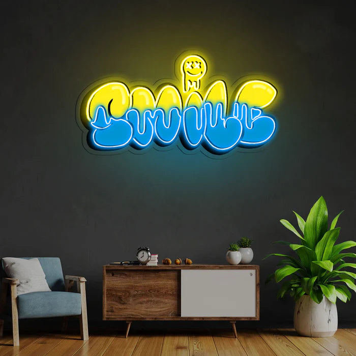 Smile Grafity UV Art LED Neon Sign in blue and yellow colour by manhattanneons.com