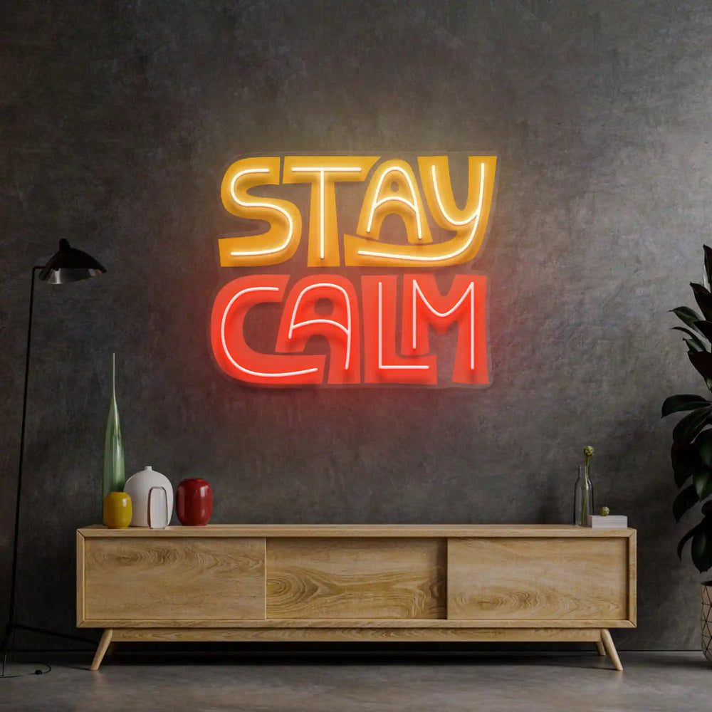 Stay Calm UV Art LED Neon Sign in pink and yellow colour by manhattanneons.com