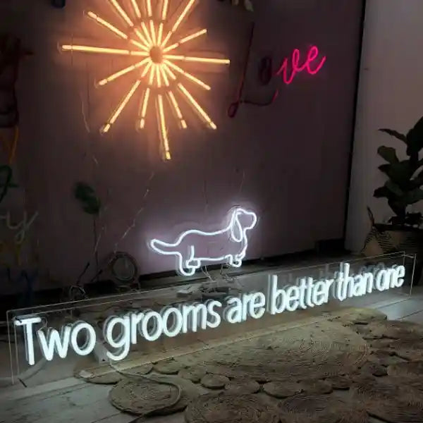 Two grooms are better than one neon sign featuring vibrant colors and stylish design, perfect for celebrating love and equality - from manhattonneons.com 